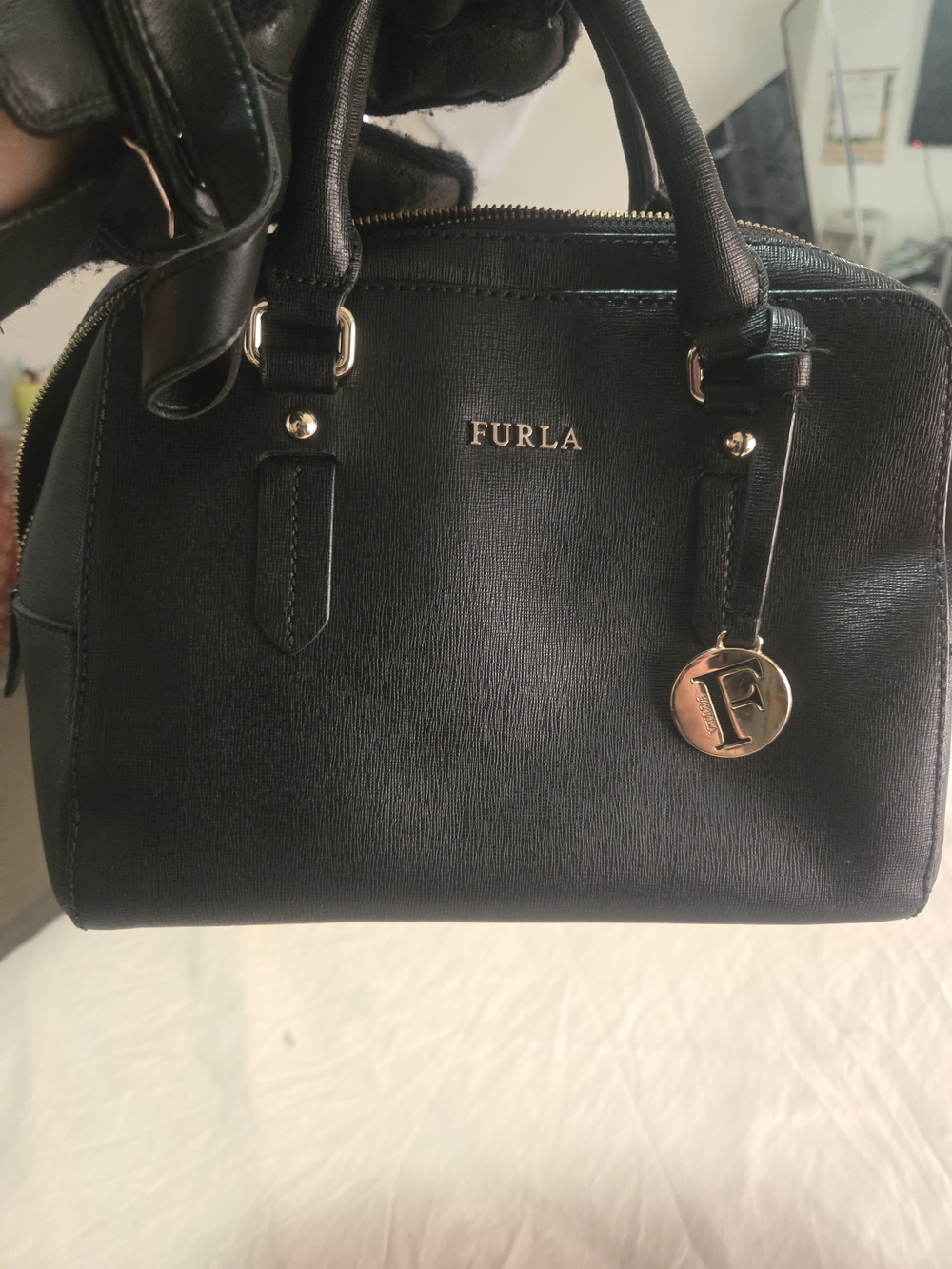 Furla Black Saffiano Dome Satchel with Gold Logo Charm